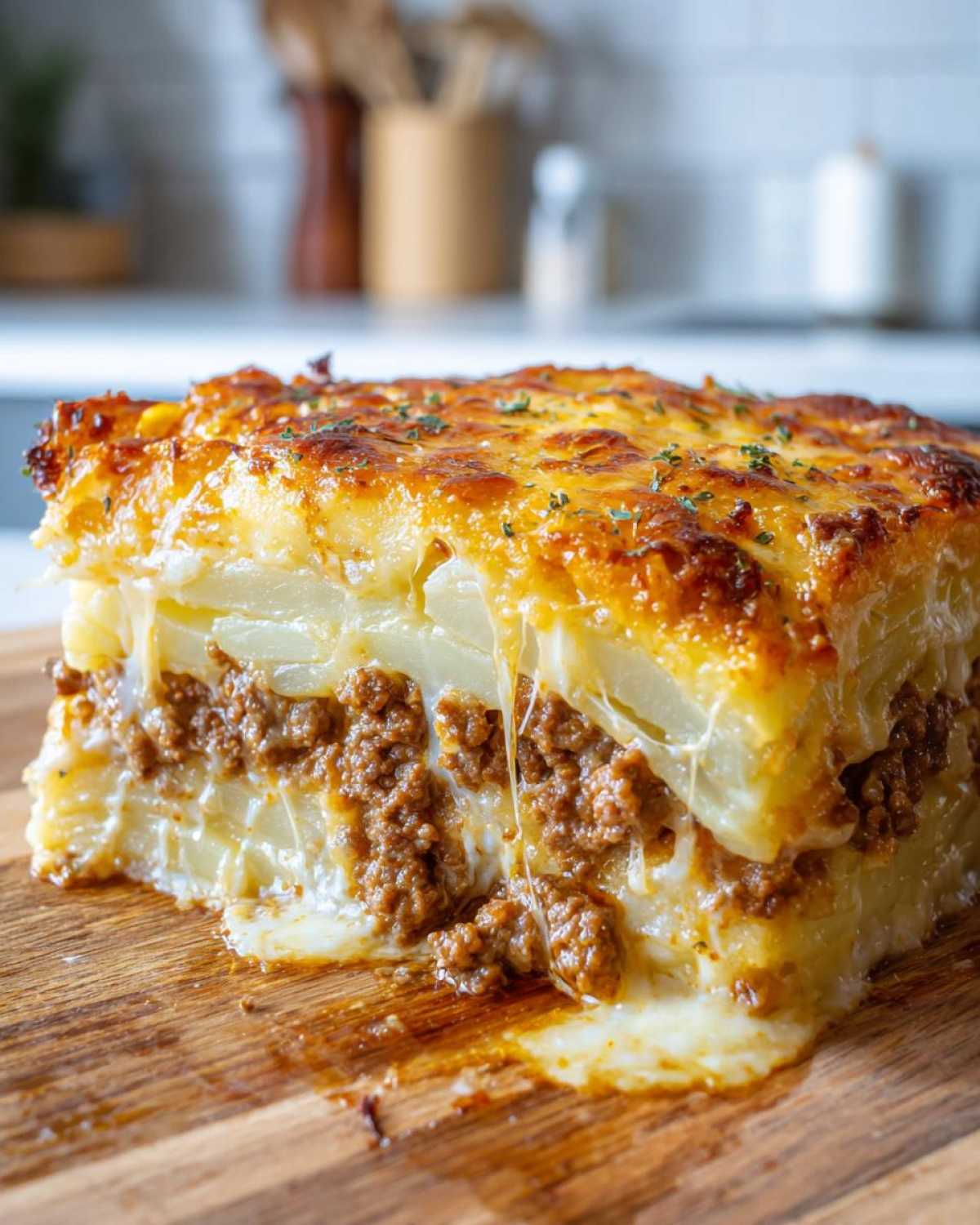 A thick slice of Cheesy Ground Beef and Potato Bake showing layers of potato, meat, and melted cheese.