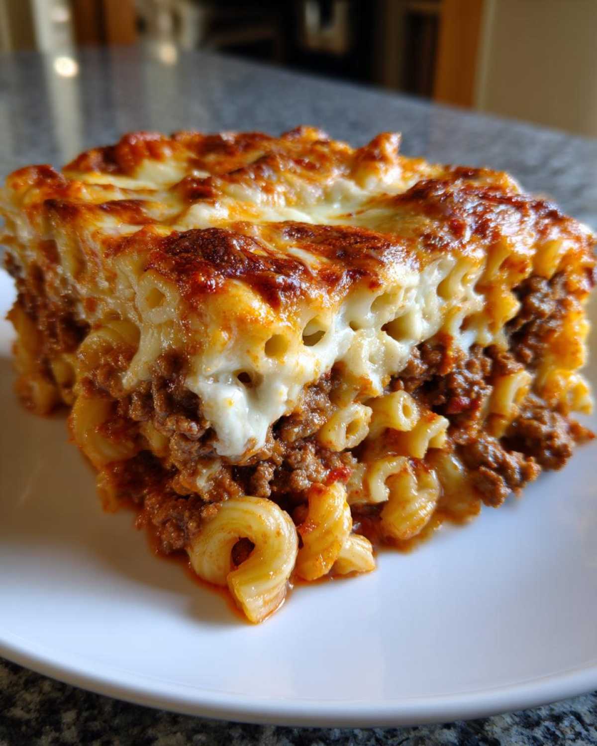 A square serving of Cheesy Ground Beef Pasta Bake Comfort Food with a browned, bubbly cheese topping.