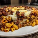 A thick slice of Cheesy Ground Beef Pasta Bake Comfort Food with melted cheese topping served on a white plate.