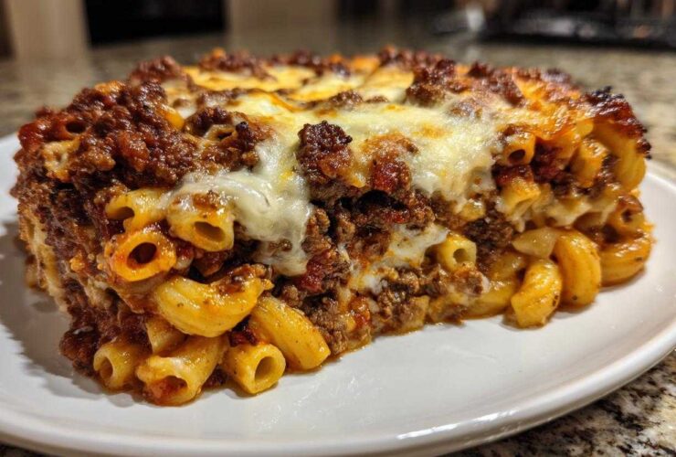A thick slice of Cheesy Ground Beef Pasta Bake Comfort Food with melted cheese topping served on a white plate.