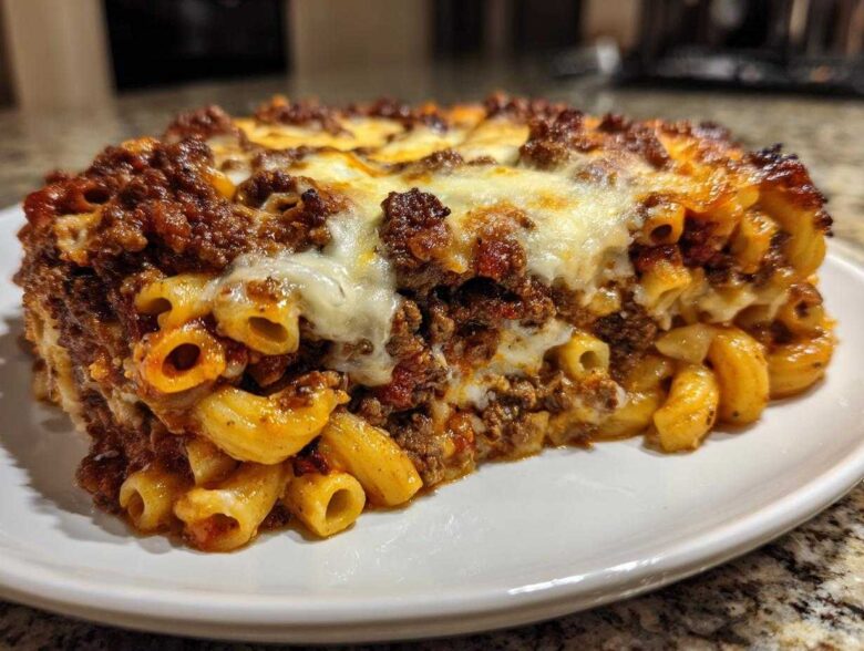A thick slice of Cheesy Ground Beef Pasta Bake Comfort Food with melted cheese topping served on a white plate.