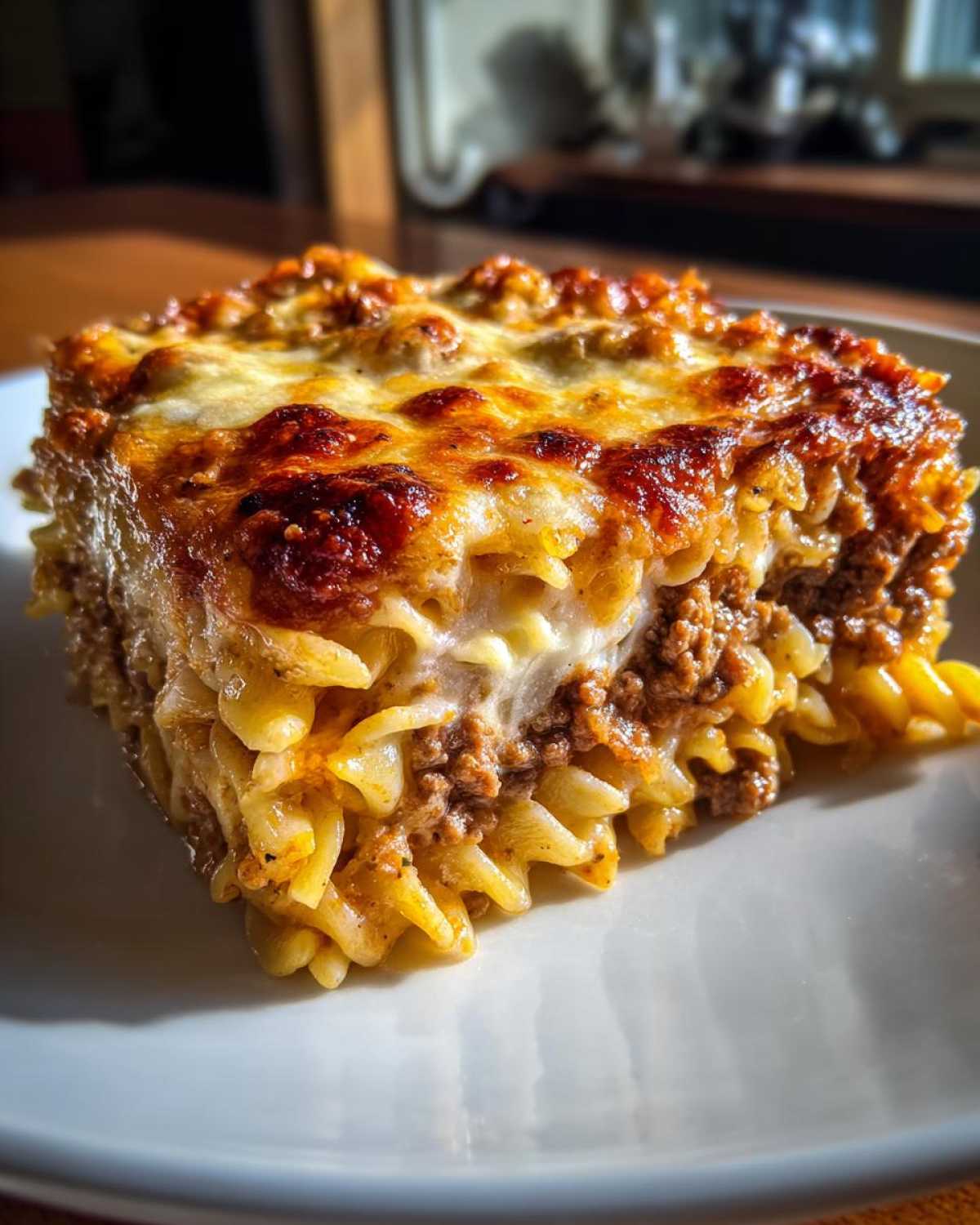 A thick, square slice of Cheesy Ground Beef Pasta Bake Comfort Food with a bubbly, browned cheese top.