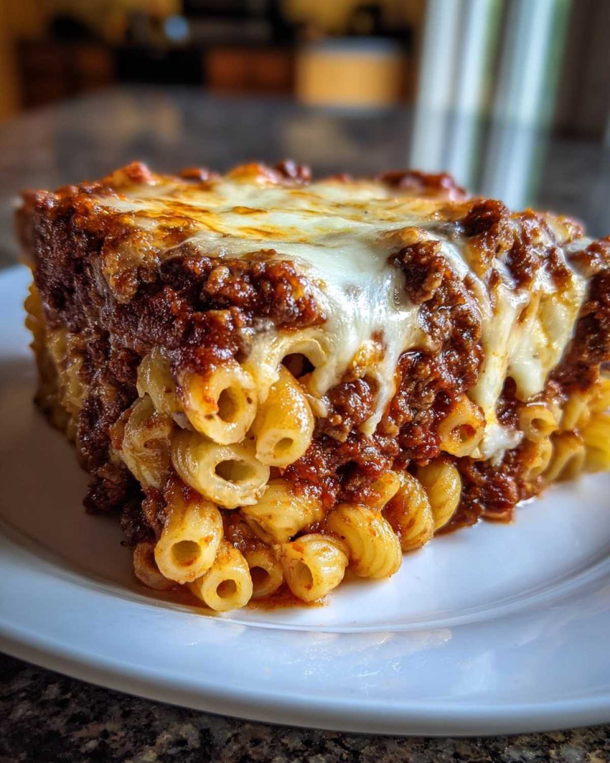 A thick, square slice of Cheesy Ground Beef Pasta Bake Comfort Food with melted mozzarella cheese dripping down the sides.