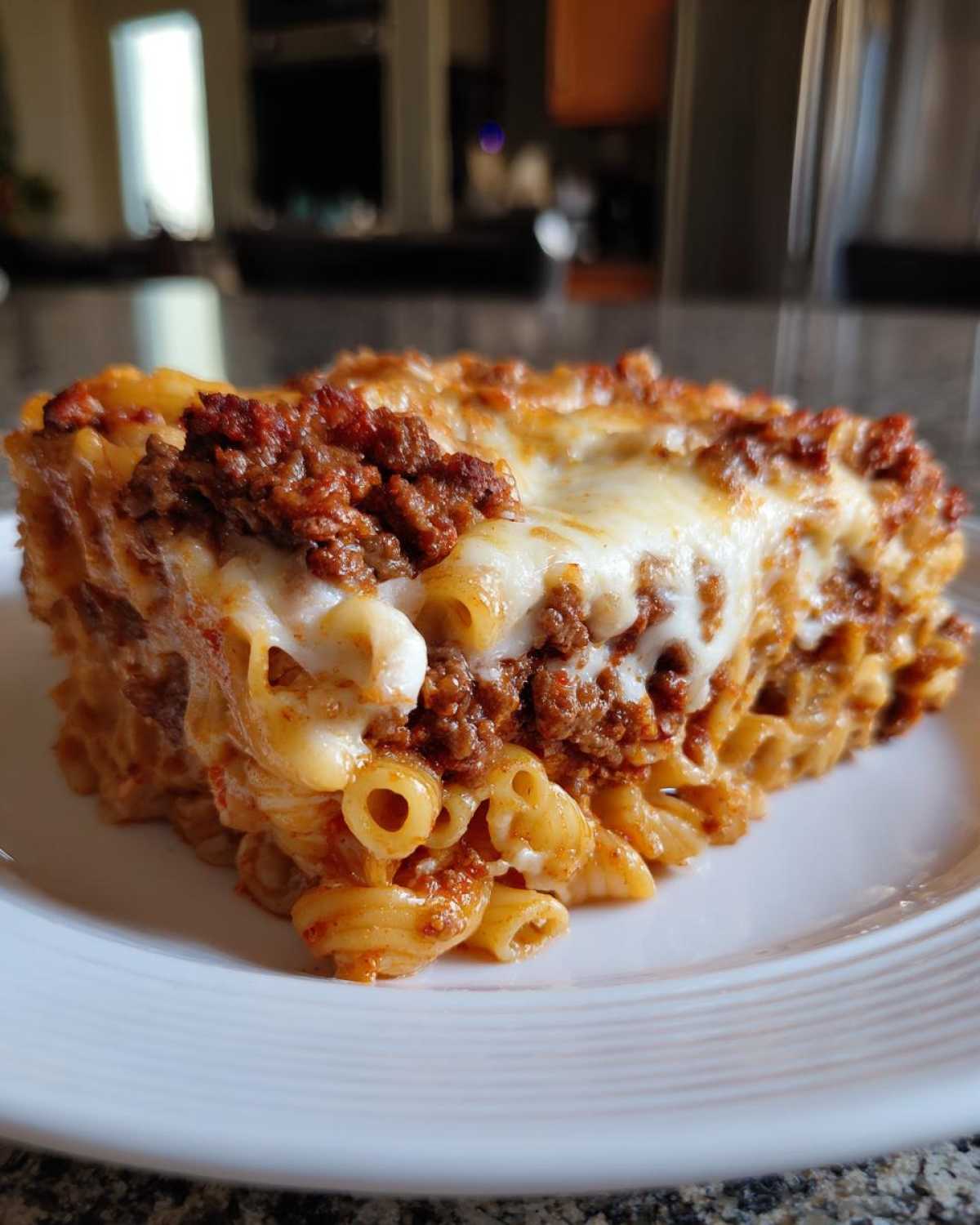 A generous slice of Cheesy Ground Beef Pasta Bake Comfort Food with melted mozzarella and rich meat sauce.