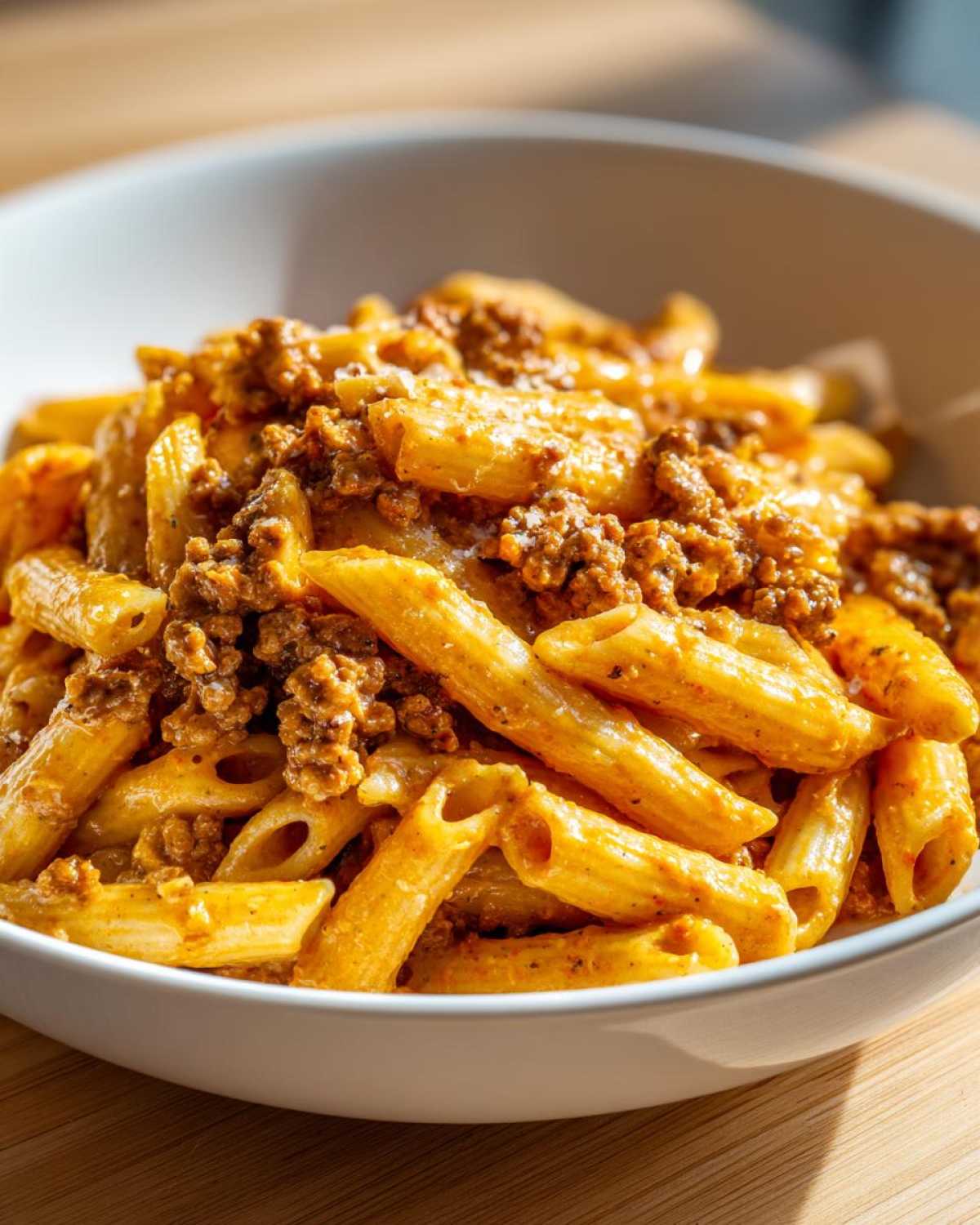 A close-up shot of penne pasta coated in a rich, creamy sauce and topped with seasoned ground beef, served in a white bowl.