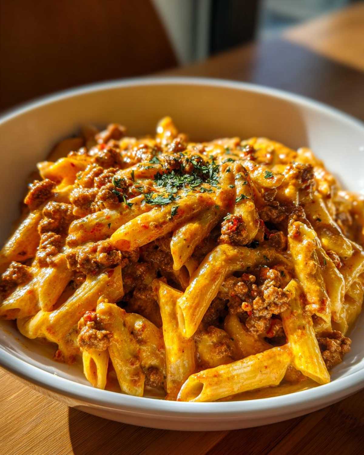 Close-up of Cheesy Ground Beef Pasta with Creamy Sauce featuring penne pasta coated in a rich orange sauce and ground meat, garnished with herbs.