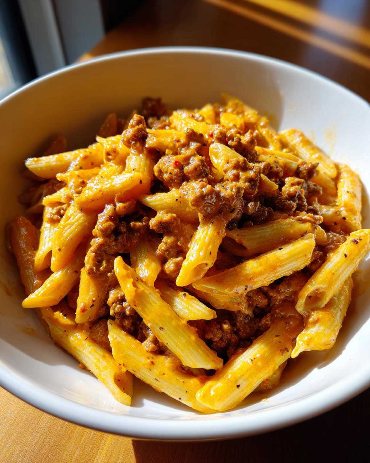 Close-up of penne pasta coated in a rich, orange-hued creamy sauce mixed with ground beef, served in a white bowl.