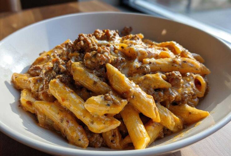 A white bowl filled with Cheesy Ground Beef Pasta with Creamy Sauce, featuring penne pasta coated in a rich, orange-hued sauce and ground beef.