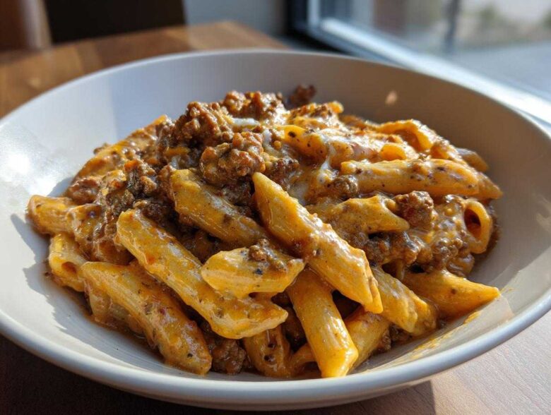 A white bowl filled with Cheesy Ground Beef Pasta with Creamy Sauce, featuring penne pasta coated in a rich, orange-hued sauce and ground beef.