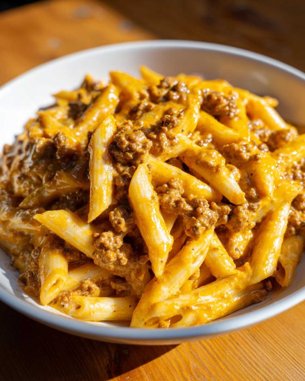 A close-up bowl of Cheesy Ground Beef Pasta with Creamy Sauce, featuring penne pasta coated in orange cheese sauce and ground meat.