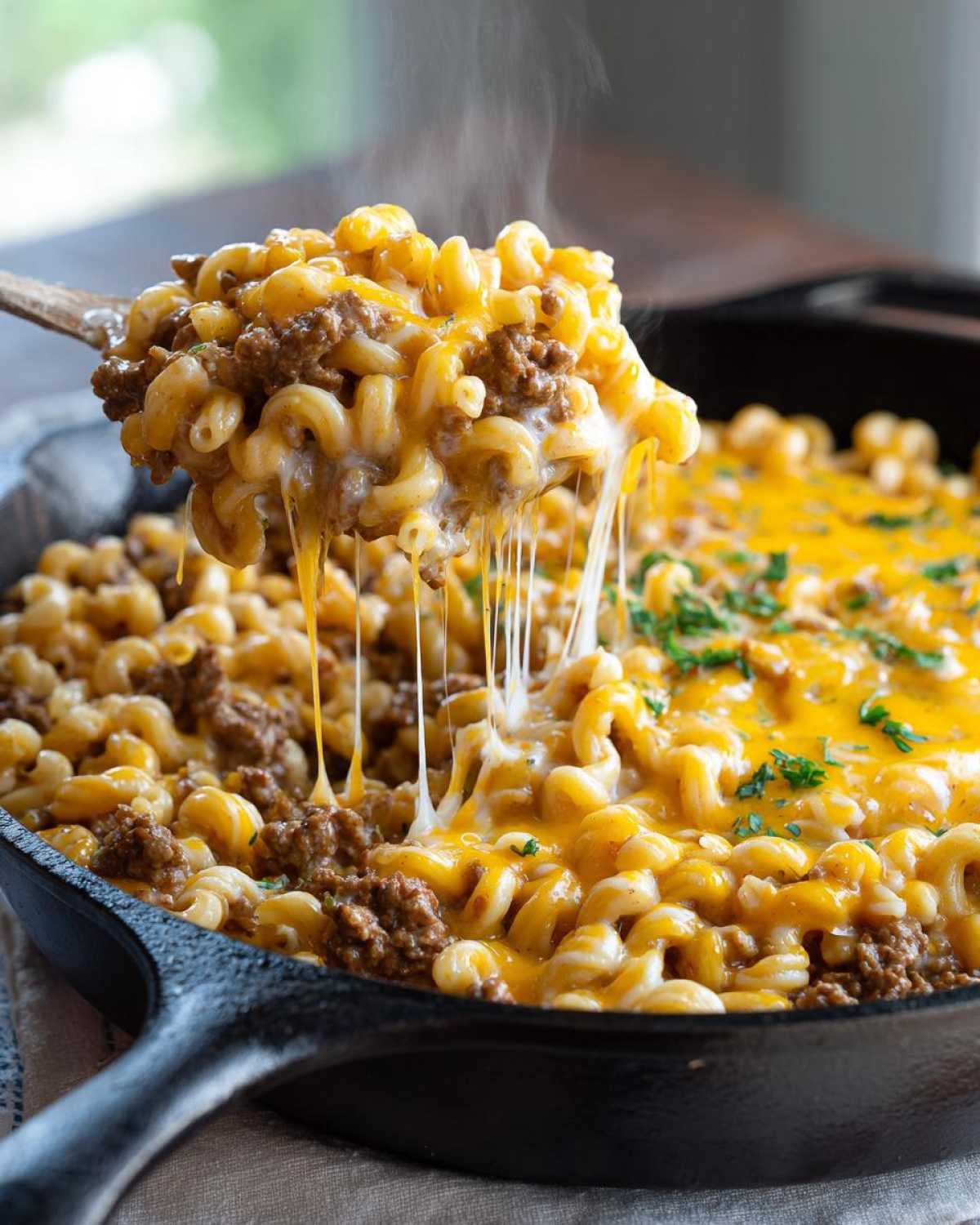 A spoonful of steaming Cheesy Ground Beef Pasta Skillet Comfort Food showing a dramatic cheese pull.