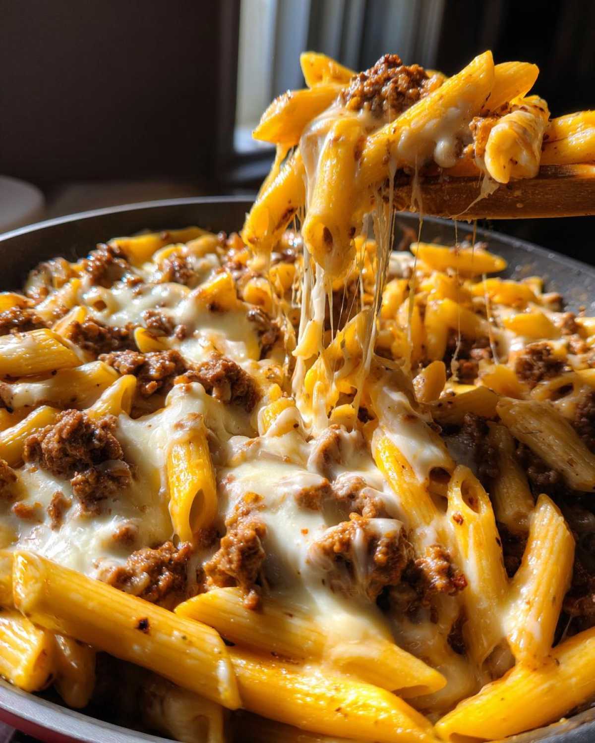 Close-up of Cheesy Ground Beef Pasta Skillet with penne pasta, ground beef, and melted cheese stretching as a spoonful is lifted.