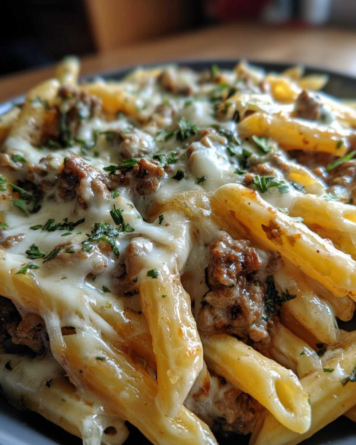 Close-up of Cheesy Ground Beef Pasta Skillet featuring penne pasta, seasoned ground beef, and melted white cheese topped with parsley.