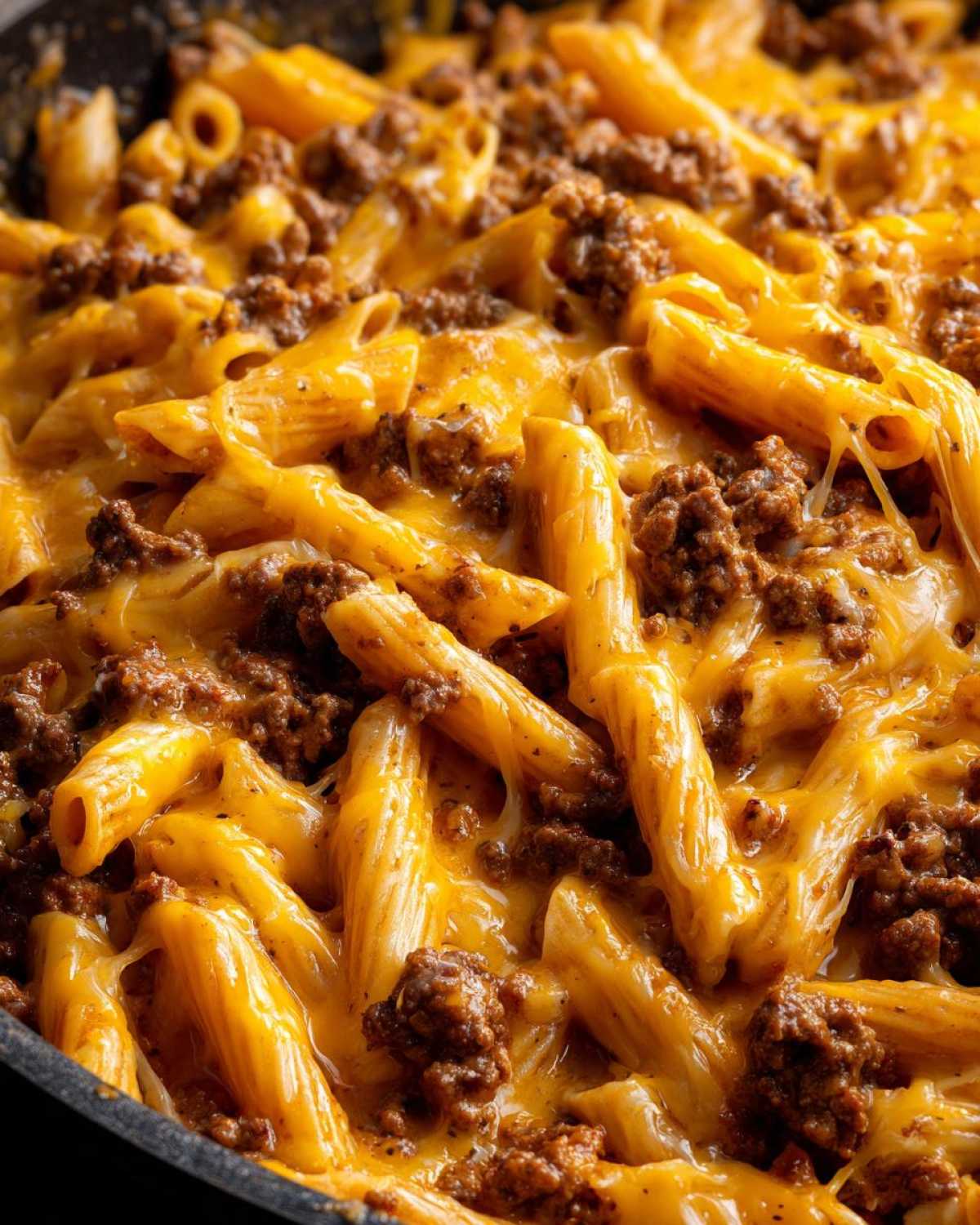 Close-up view of penne pasta mixed with seasoned ground beef and covered in melted, gooey cheddar cheese in a skillet.