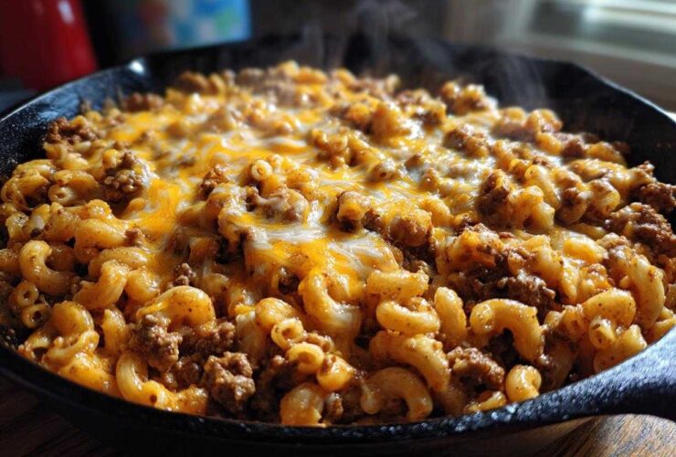 Close-up of steaming Cheesy Ground Beef Pasta Skillet Comfort Food topped with melted cheddar cheese.