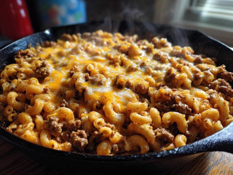 Close-up of steaming Cheesy Ground Beef Pasta Skillet Comfort Food topped with melted cheddar cheese.