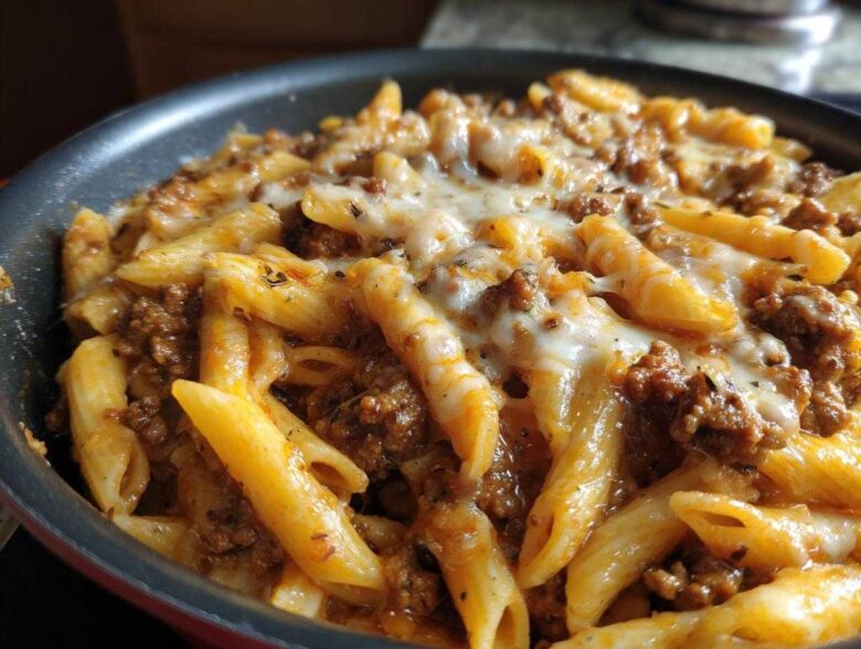 Close-up of Cheesy Ground Beef Pasta Skillet with penne pasta, rich meat sauce, and melted mozzarella cheese topping.