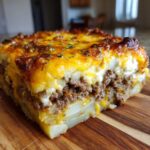 A thick slice of Cheesy Ground Beef and Potato Bake with layers of potatoes, seasoned ground beef, and a browned, melted cheddar cheese topping.