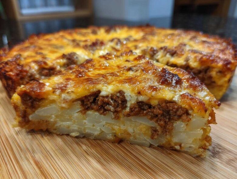 A close-up of a slice of Cheesy Ground Beef and Potato Bake Comfort Food showing layers of potatoes, meat, and melted cheese.