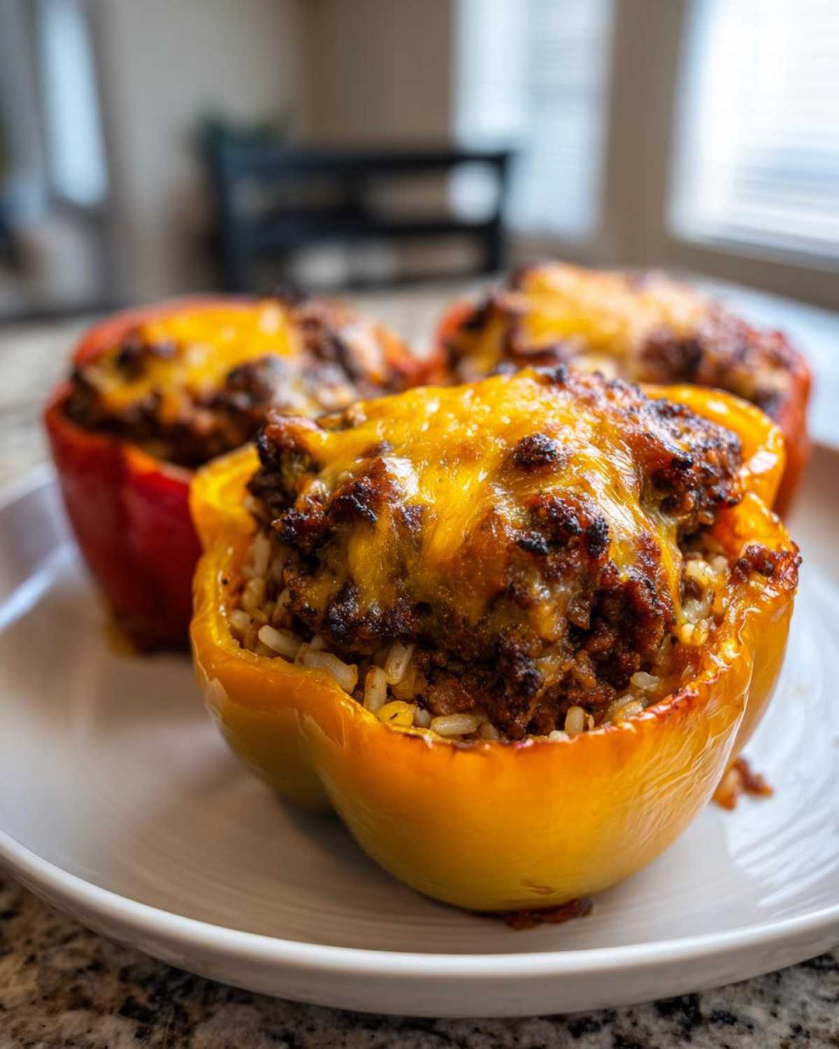 Close-up of baked Cheesy Ground Beef Stuffed Peppers topped with melted cheddar cheese.