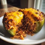 A close-up of a Cheesy Ground Beef Stuffed Peppers Easy Bake, cut in half to show the rice and meat filling topped with melted cheddar cheese.