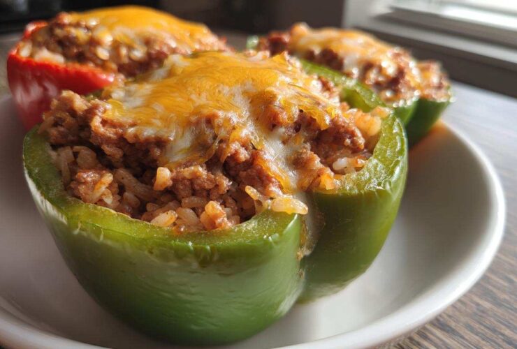 Close-up of Cheesy Ground Beef Stuffed Peppers, featuring green and red peppers filled with meat and rice, topped with melted cheese.