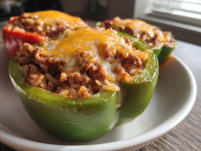 Close-up of Cheesy Ground Beef Stuffed Peppers, featuring green and red peppers filled with meat and rice, topped with melted cheese.