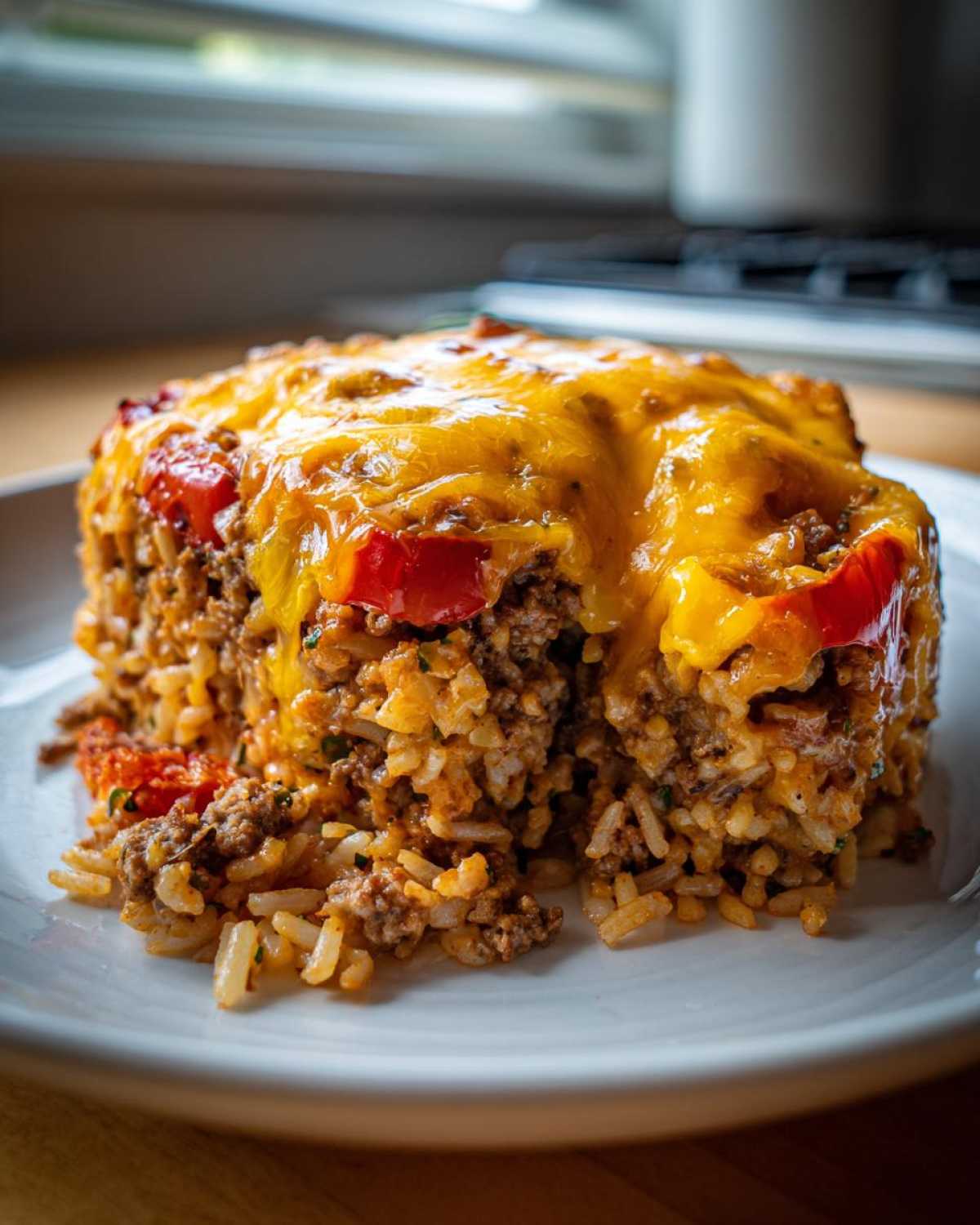 A close-up of a serving of Cheesy Ground Beef Stuffed Peppers Easy Bake, showing rice, meat filling, and melted cheddar cheese.