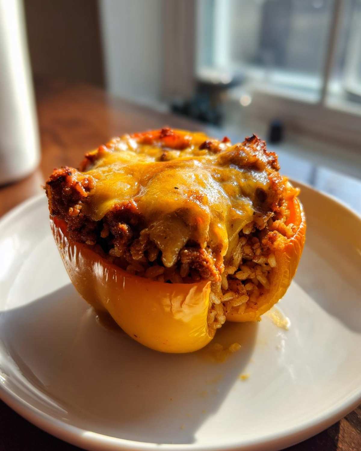 A single yellow Cheesy Ground Beef Stuffed Pepper Easy Bake served on a white plate, topped with melted cheese.