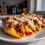Close-up of baked Cheesy Ground Beef Stuffed Shells with Cream Sauce, topped with melted mozzarella.
