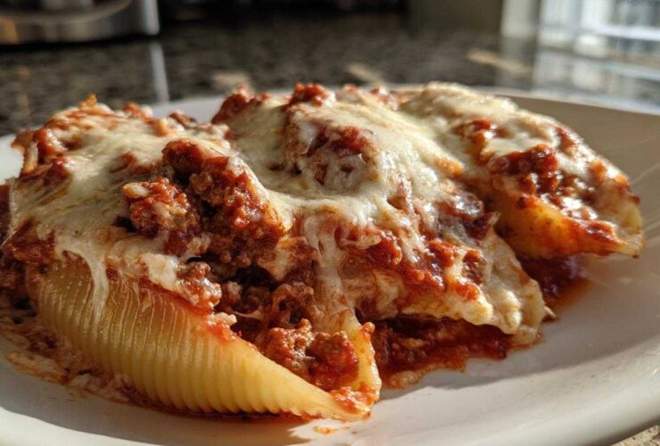 Close-up of three Cheesy Ground Beef Stuffed Shells with Cream Sauce covered in melted mozzarella cheese on a white plate.