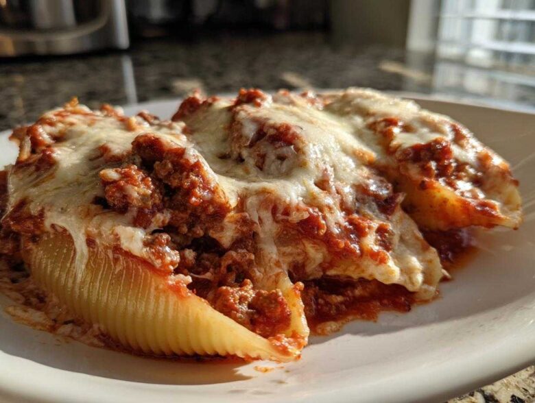 Close-up of three Cheesy Ground Beef Stuffed Shells with Cream Sauce covered in melted mozzarella cheese on a white plate.