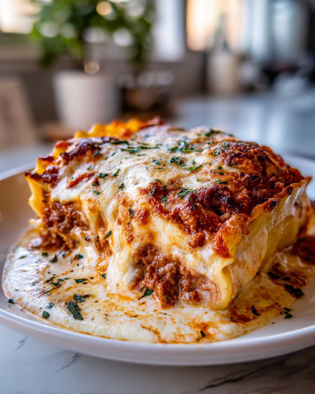 A close-up of a serving of Cheesy Ground Beef Stuffed Shells with Cream Sauce, topped with melted cheese and parsley.