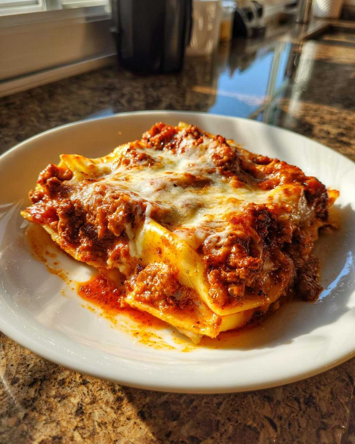 A serving of Cheesy Ground Beef Stuffed Shells with rich meat sauce and melted cheese, sitting on a white plate.