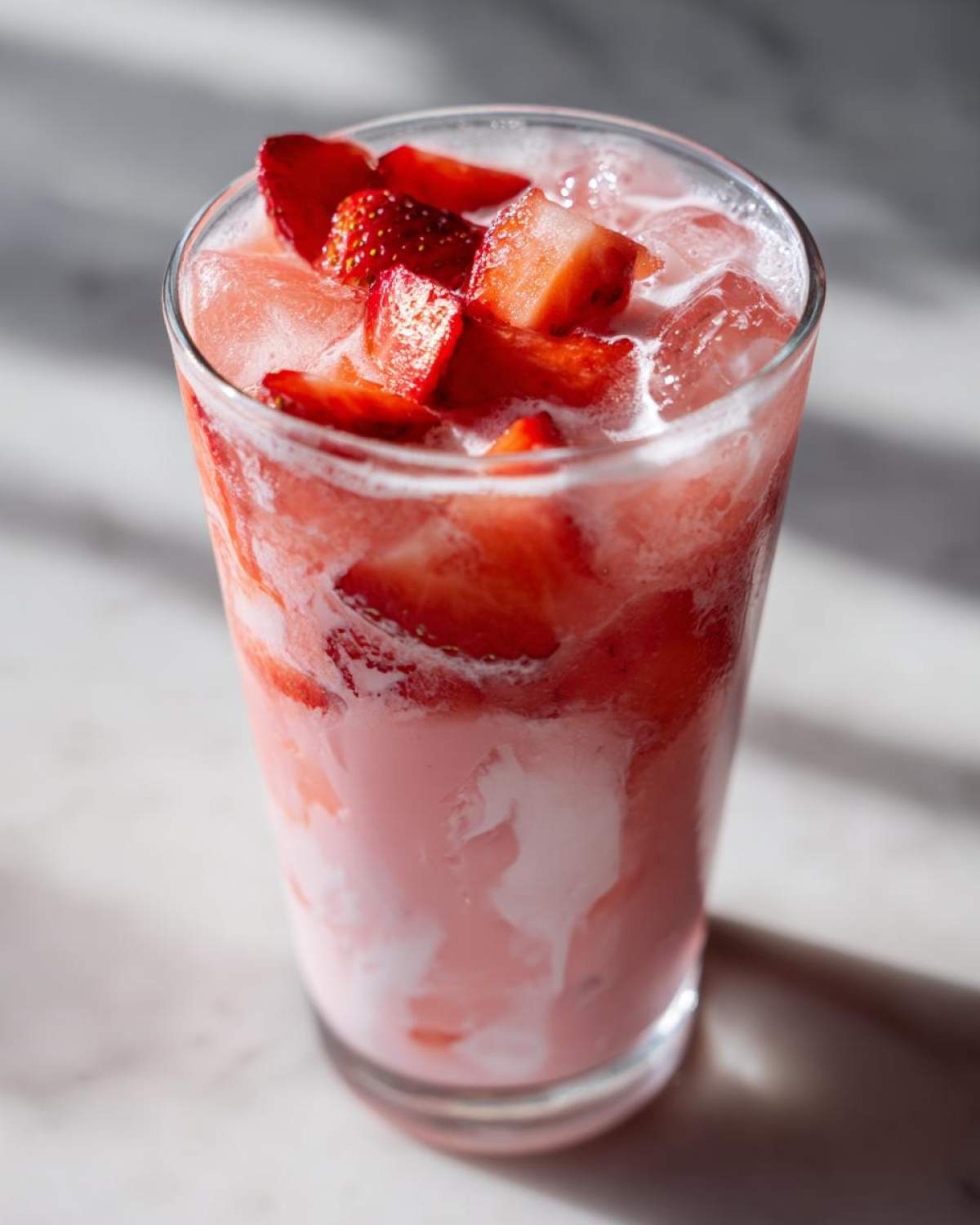 Close-up of a tall glass filled with the pink drink, showing layers of pink liquid, white cream, ice, and fresh strawberry chunks.