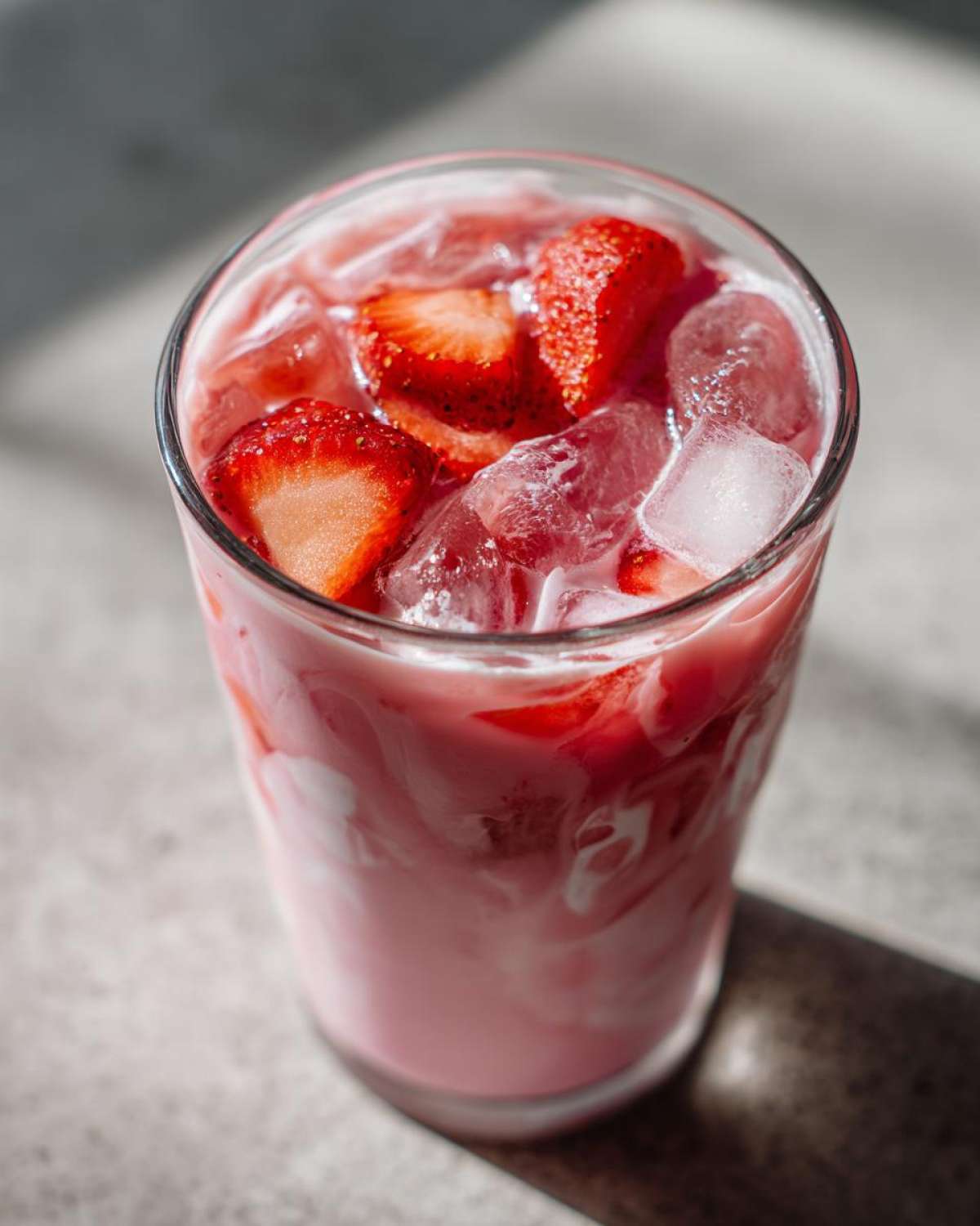 Close-up of a tall glass filled with Copycat Starbucks Pink Drink, showing swirling pink liquid, ice cubes, and fresh strawberry slices.