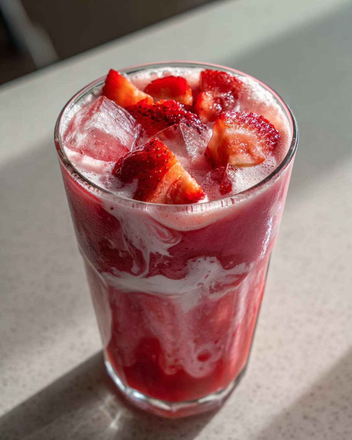 Close-up of a tall glass filled with a vibrant pink drink, ice cubes, and sliced strawberries, resembling a Copycat Starbucks Pink Drink.