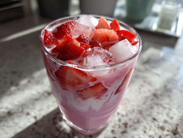 Close-up of a glass filled with the Copycat Starbucks Pink Drink, showing pink liquid, ice cubes, and fresh strawberry slices.
