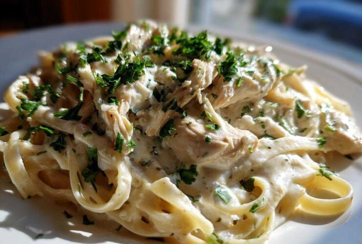 Close-up of a plate of Creamy Alfredo Chicken Pasta topped with fresh parsley.