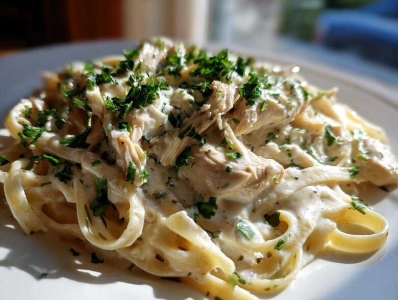 Close-up of a plate of Creamy Alfredo Chicken Pasta topped with fresh parsley.