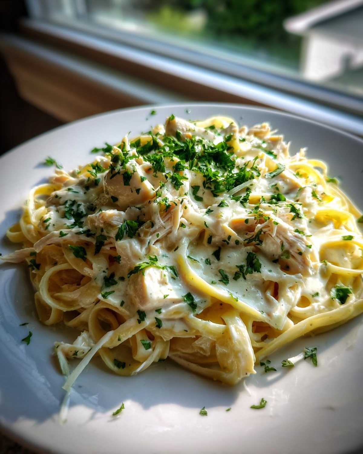 A close-up of a plate piled high with Creamy Alfredo Chicken Pasta, topped with shredded chicken and fresh parsley.