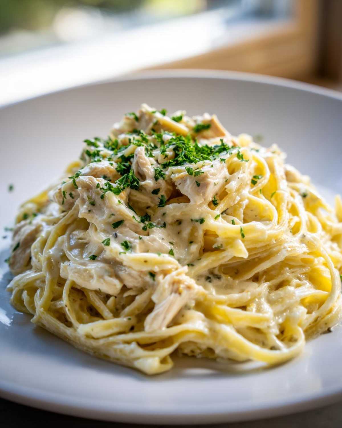 Close-up of a plate piled high with fettuccine noodles coated in rich sauce and topped with shredded chicken and fresh parsley, showcasing the Creamy Alfredo Chicken Pasta Easy Recipe.