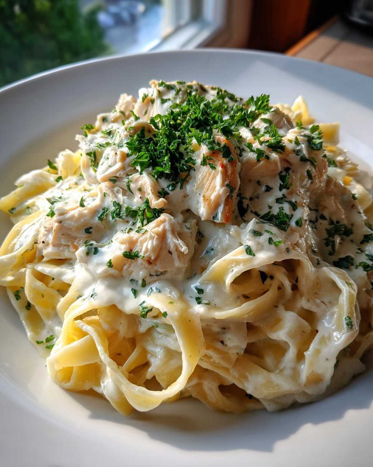 A close-up of a white bowl filled with fettuccine pasta coated in rich Alfredo sauce, topped with shredded chicken and fresh parsley for a Creamy Alfredo Chicken Pasta Easy Recipe.