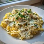 A close-up of a serving of Creamy Alfredo Chicken Pasta Easy Recipe with fettuccine, chicken pieces, and fresh parsley garnish.