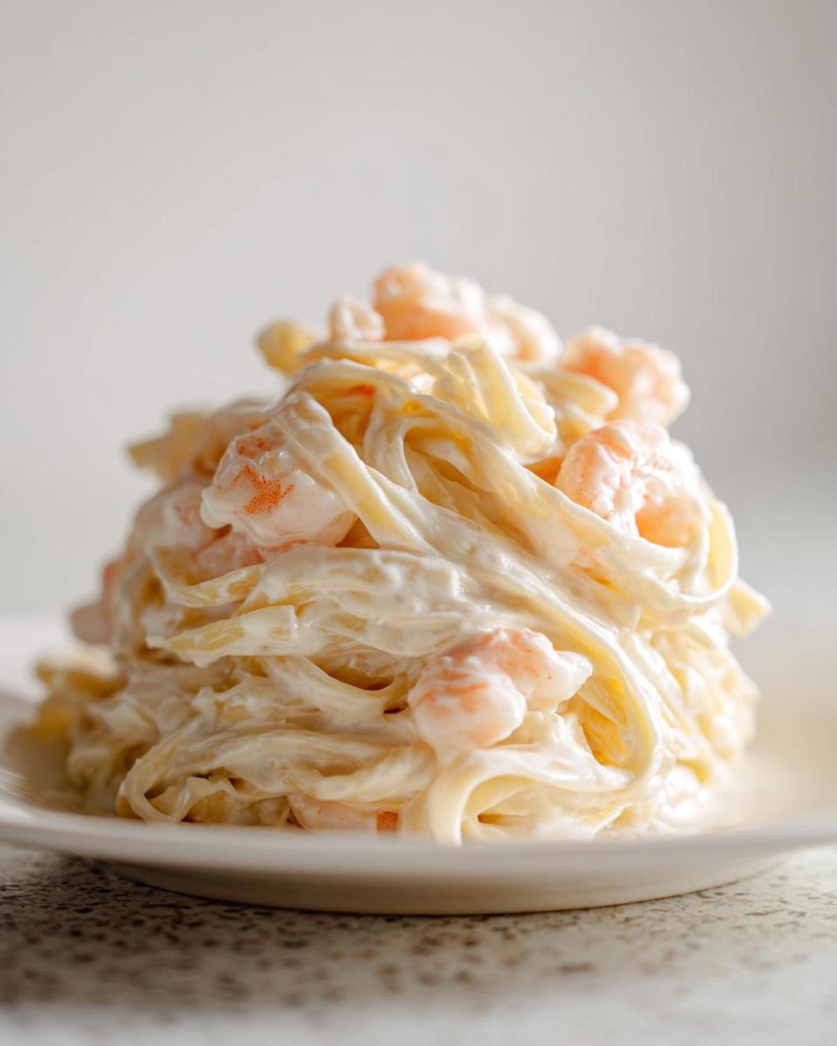 A perfectly twirled mound of fettuccine coated in rich sauce and mixed with pink shrimp, representing Creamy Alfredo Shrimp Pasta with Garlic.
