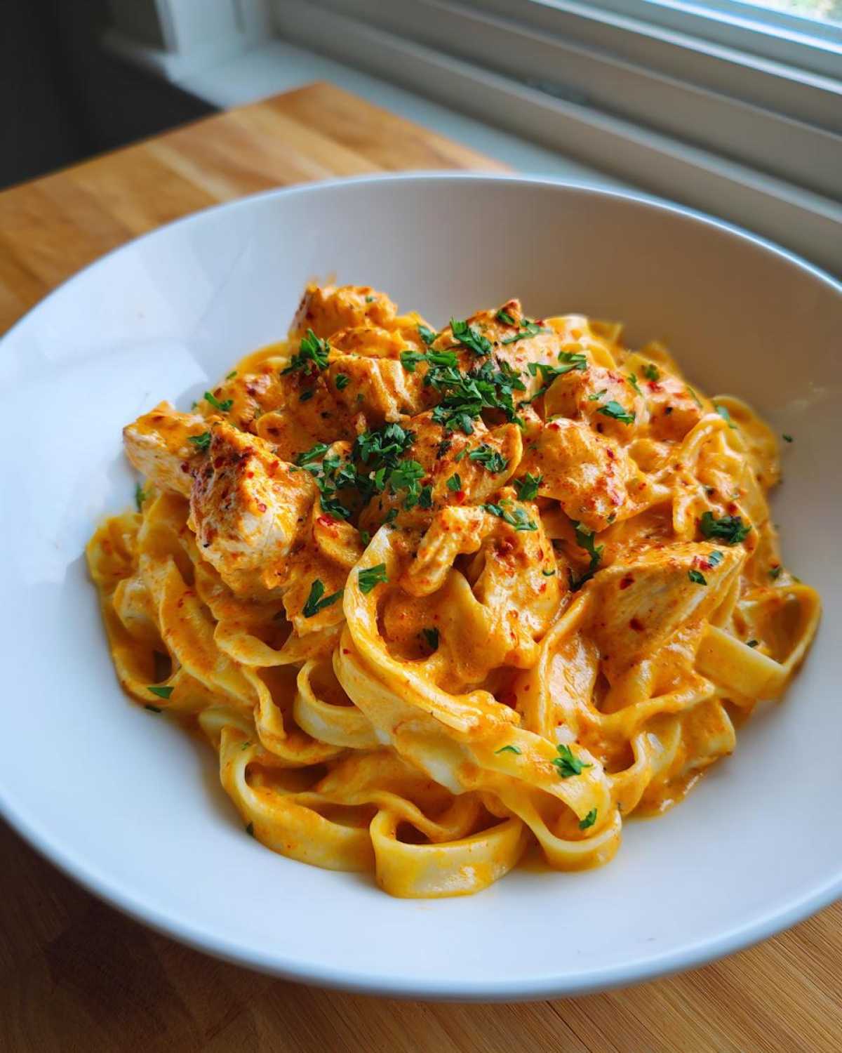 A bowl of Creamy Cajun Chicken Alfredo featuring fettuccine pasta coated in a rich, orange sauce and topped with chicken pieces and parsley.