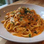 A generous serving of Creamy Cajun Chicken Alfredo featuring fettuccine pasta coated in a rich, orange sauce and topped with chicken pieces and parsley.