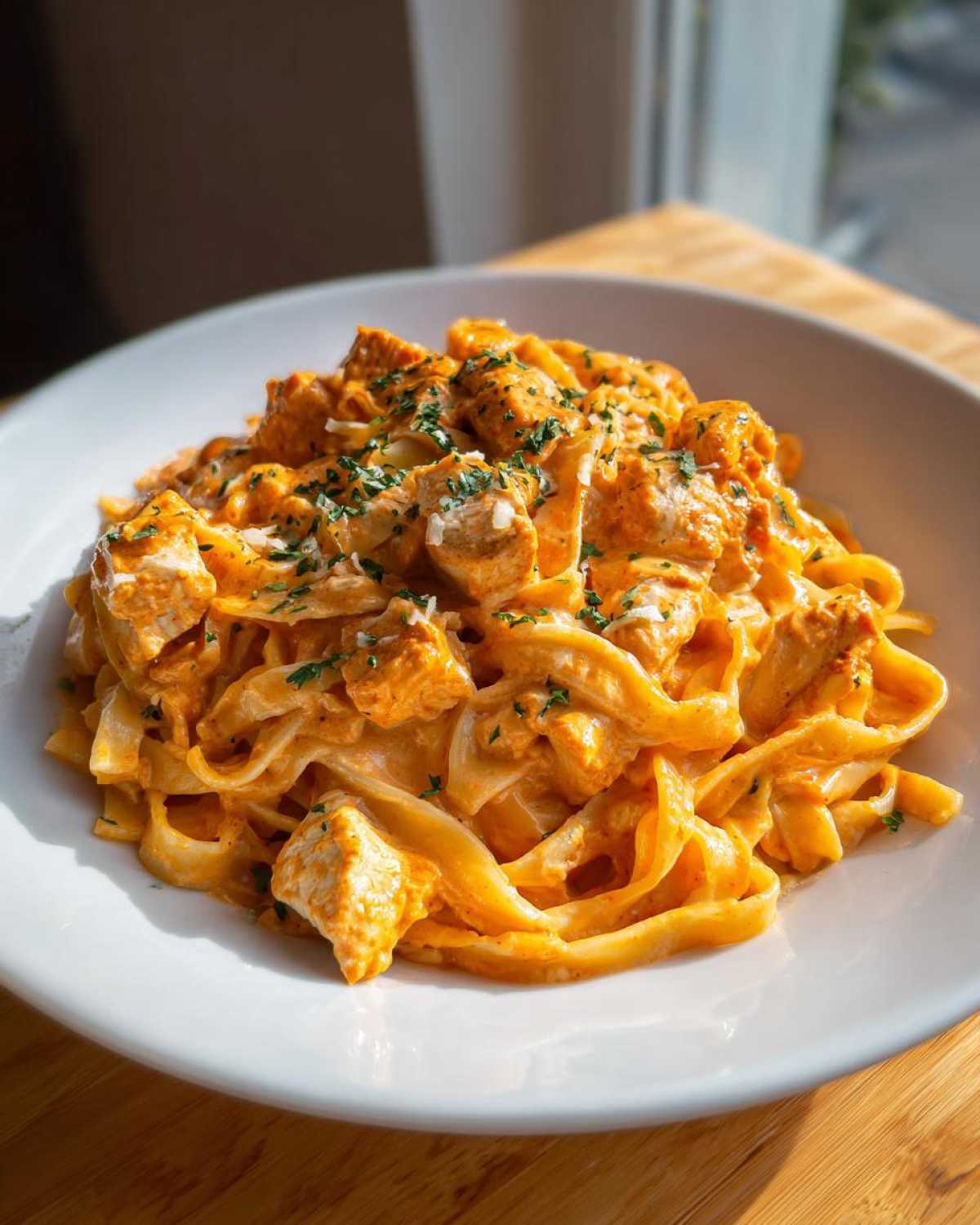 A close-up of a white bowl filled with Creamy Cajun Chicken Alfredo pasta, featuring fettuccine coated in a rich, orange sauce and topped with chicken pieces and parsley.
