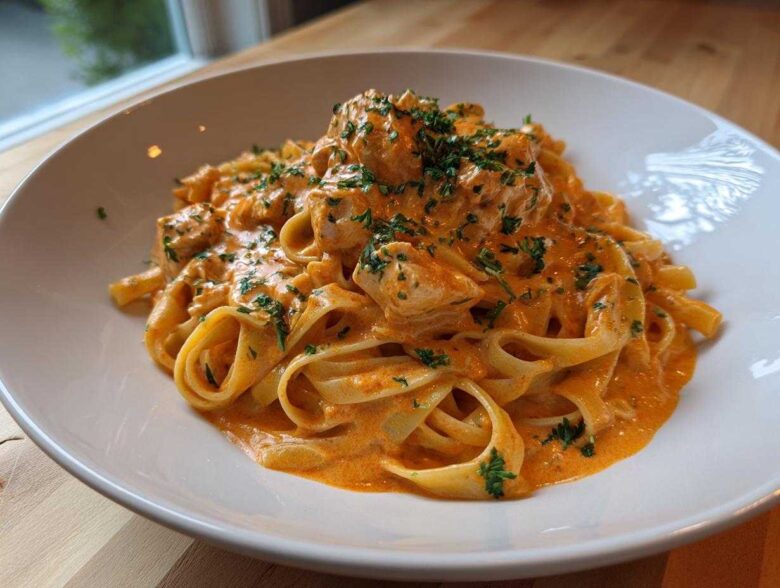 A generous serving of Creamy Cajun Chicken Alfredo featuring fettuccine pasta coated in a rich, orange sauce and topped with chicken pieces and parsley.
