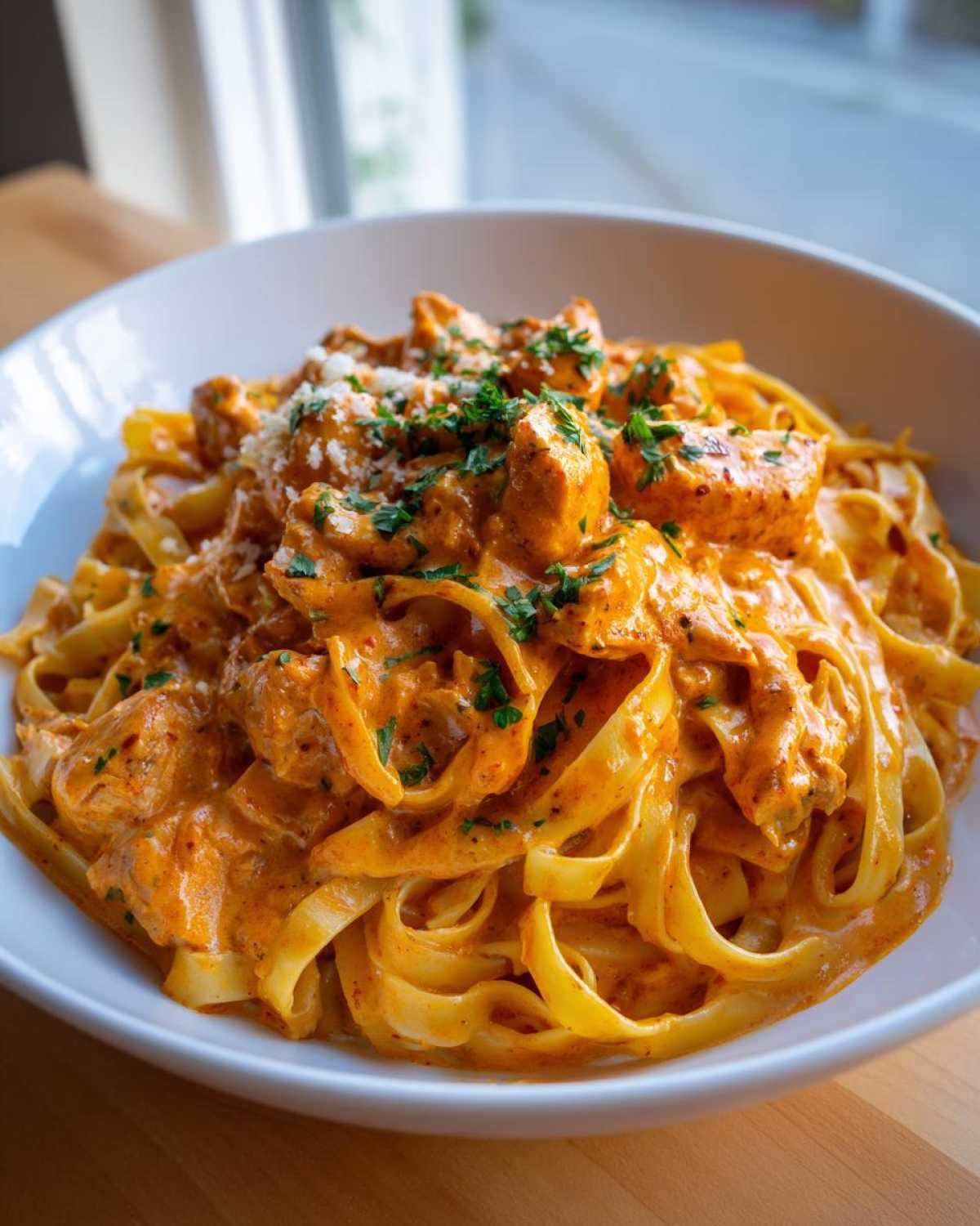 Close-up of Creamy Cajun Chicken Alfredo with fettuccine pasta, topped with parsley and Parmesan.
